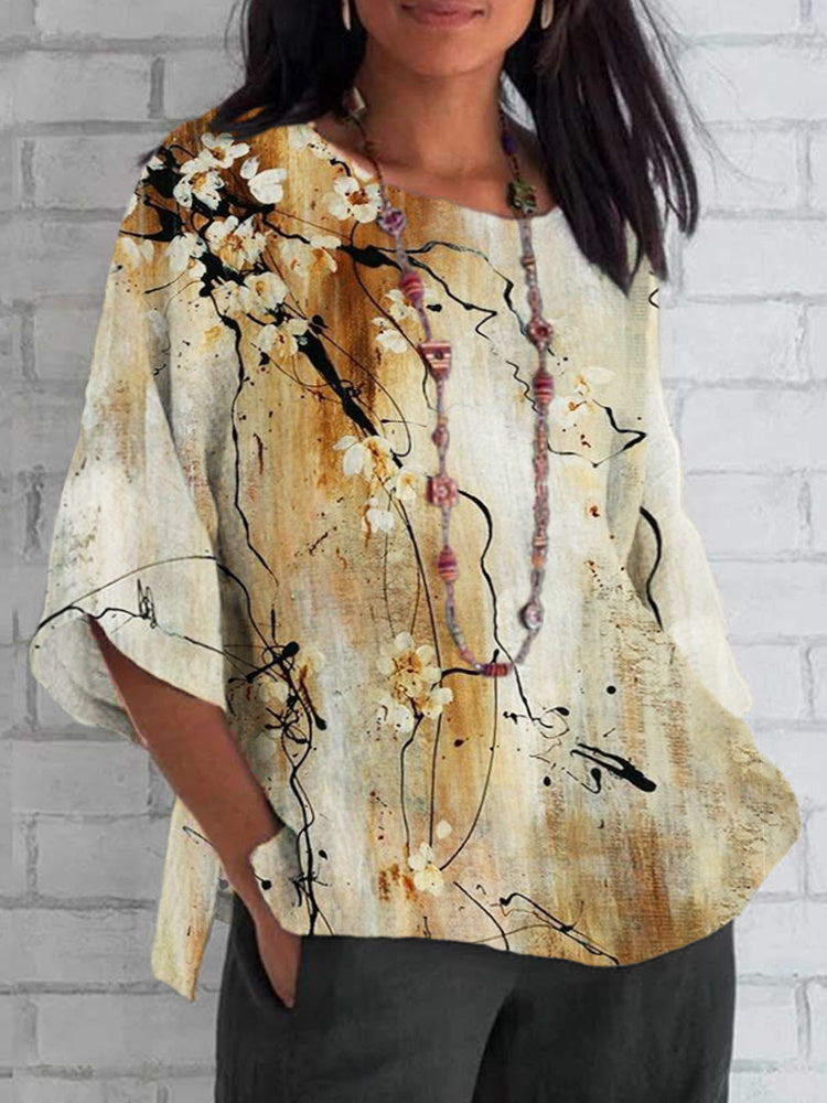 Comstylish Vintage Ink Flower Print Cotton and Linen T-Shirt