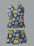 V-Neck Vintage Flowers Print Suspender Skirt Tankini Pantskirt Set Swimsuit