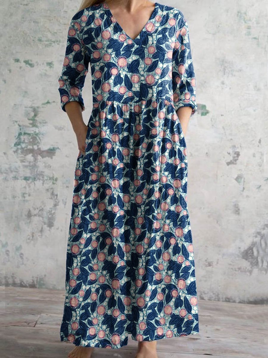 Women's Elegant Vintage Floral Pattern Cotton Dress With Pockets