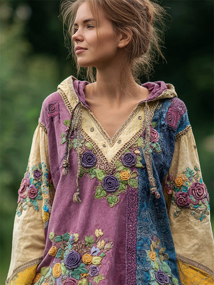 Boho Purple Roses Embroidered Colorblock Stitched Linen Hoodie artswardrobe