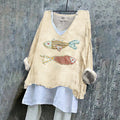 Women's Japanese Style Stitched Fish Art Pattern Vintage Linen Shirt artswardrobe