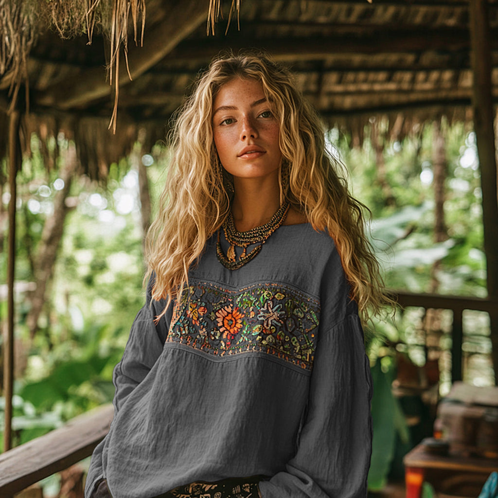 Comstylish Retro Bohemian Art Embroidery Print Cotton And Linen Blend Loose Blouse