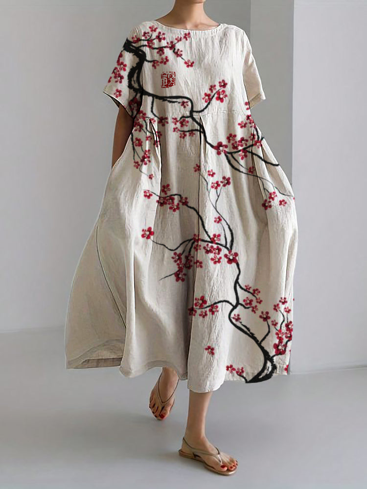 Classy Plum Blossom Japanese Art Linen Blend Maxi Dress
