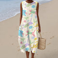 Women's Vintage Floral Cute Cat Art Print Sleeveless Dress artswardrobe