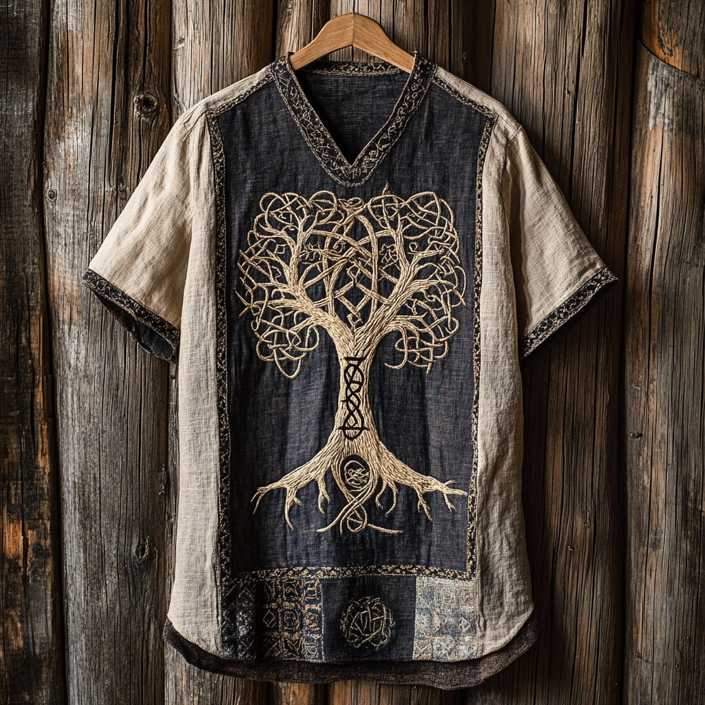 Men's Tribal Life Of Tree Celtic Art Linen V-neck T Shirt artswardrobe