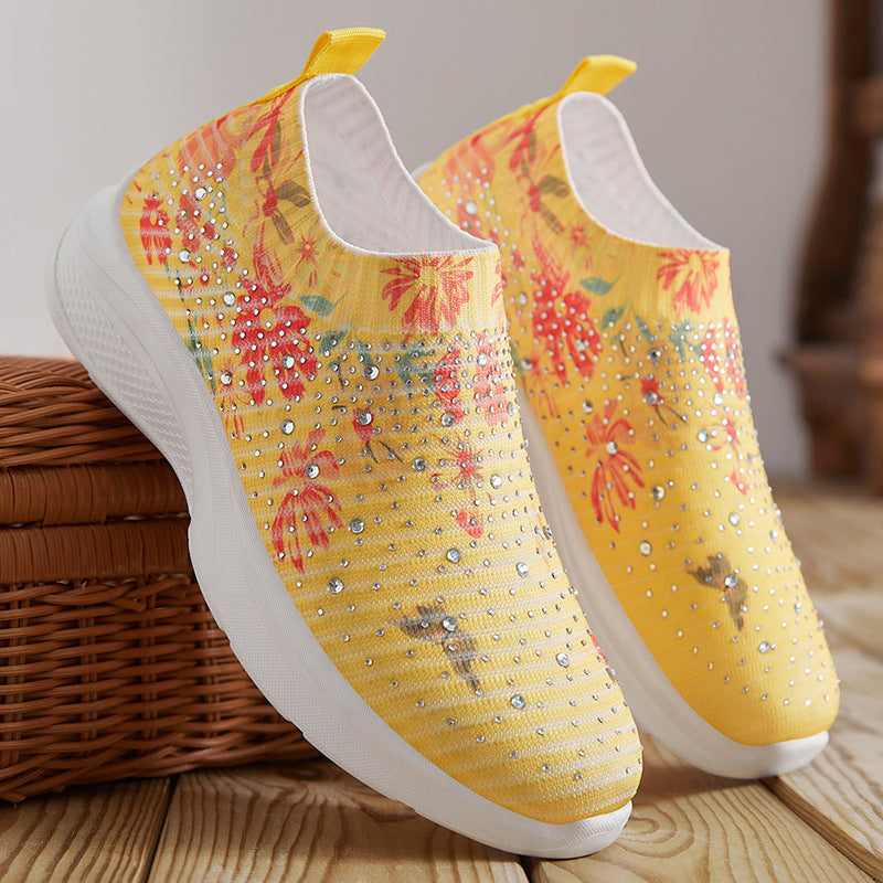Comstylish Vintage Japanese Floral Rhinestone Casual Sneakers