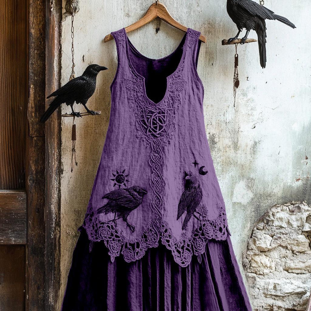 Women's Tribal Raven Embroidery Celtic Lace Art Tank Dress artswardrobe