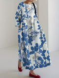 Vintage Floral Print Round Neck Loose Midi Dress