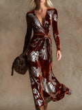 Elegant vintage print V-neck velvet maxi dress