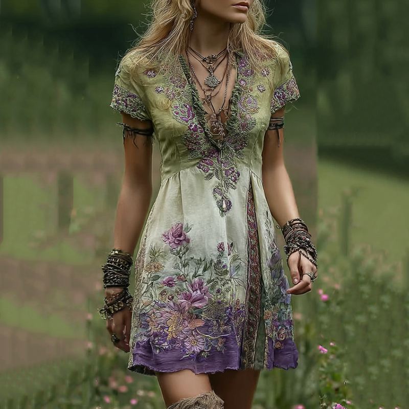 Vintage Gradient Purple Floral Embroidered Patchwork Linen Midi Dress