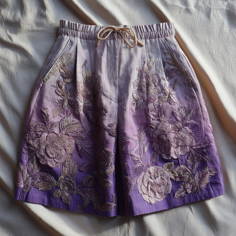 Vintage Purple Roses Embroidered Gradient Linen Shorts artswardrobe