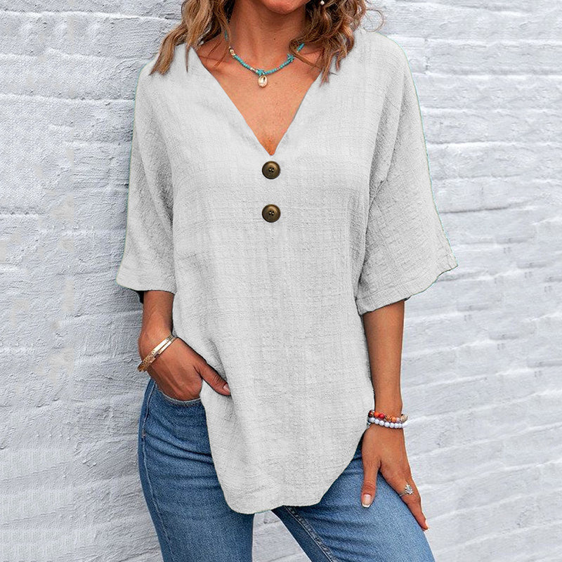 Women's Solid Color Button Linen V-neck T-shirt artswardrobe