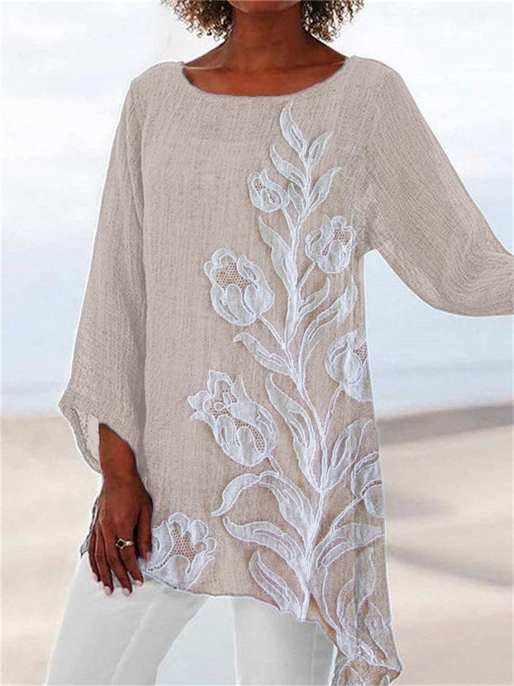 Comstylish Classy Tulips Embroidered Lace Linen Blend Flowy Tunic