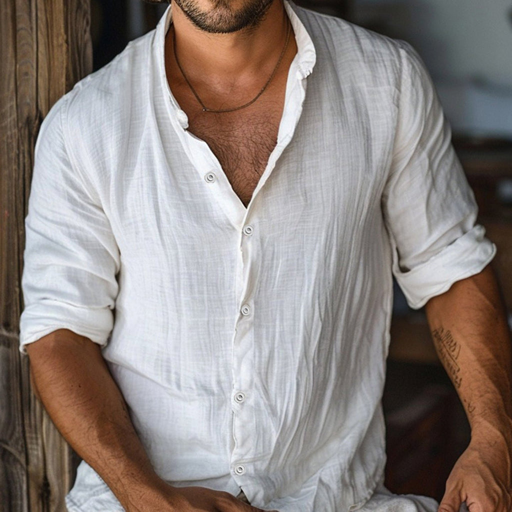 Men's Boho Solid Color Button Linen Shirt artswardrobe