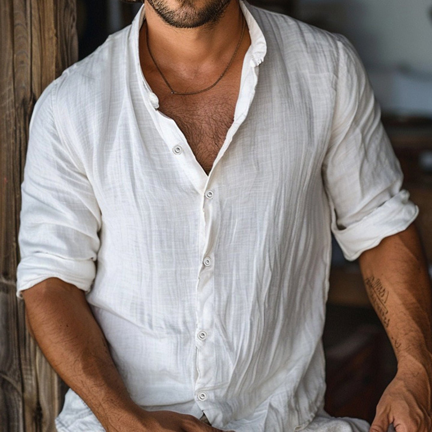 Men's Boho Solid Color Button Linen Shirt artswardrobe