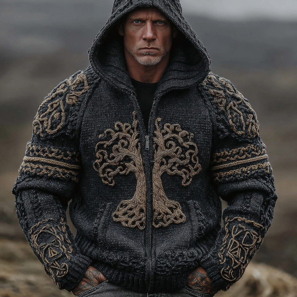 Men's Vintage Viking Life Of Tree Jacquard Knit Zipper Aran Sweater Hooded Cardigan artswardrobe