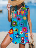 Retro Colorful Flowers On Sea Blue Background Women's Print Casual Cotton And Linen 3/4 Sleeve Shirt