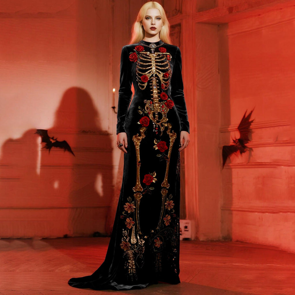 Comstylish Women's Halloween Castle Rose Skeleton Velvet Round Neck Maxi Dress