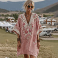 Rose Embroidered Gradient Linen Mini Dress artswardrobe