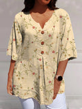 Women's Elegant Retro Floral Art Print Casual Cotton And Linen V-neck Shirt