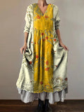 Women's Floral Art Print V-Neck Pocket Cotton Dress
