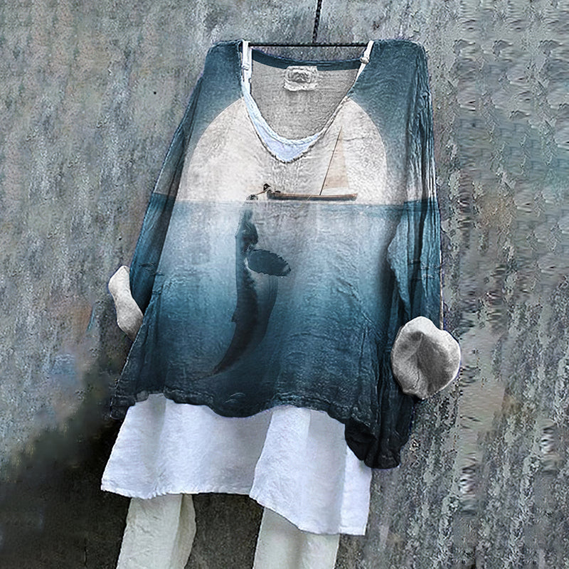 Humpback Whale Dreamy Art Pattern Linen Blend Tunic artswardrobe