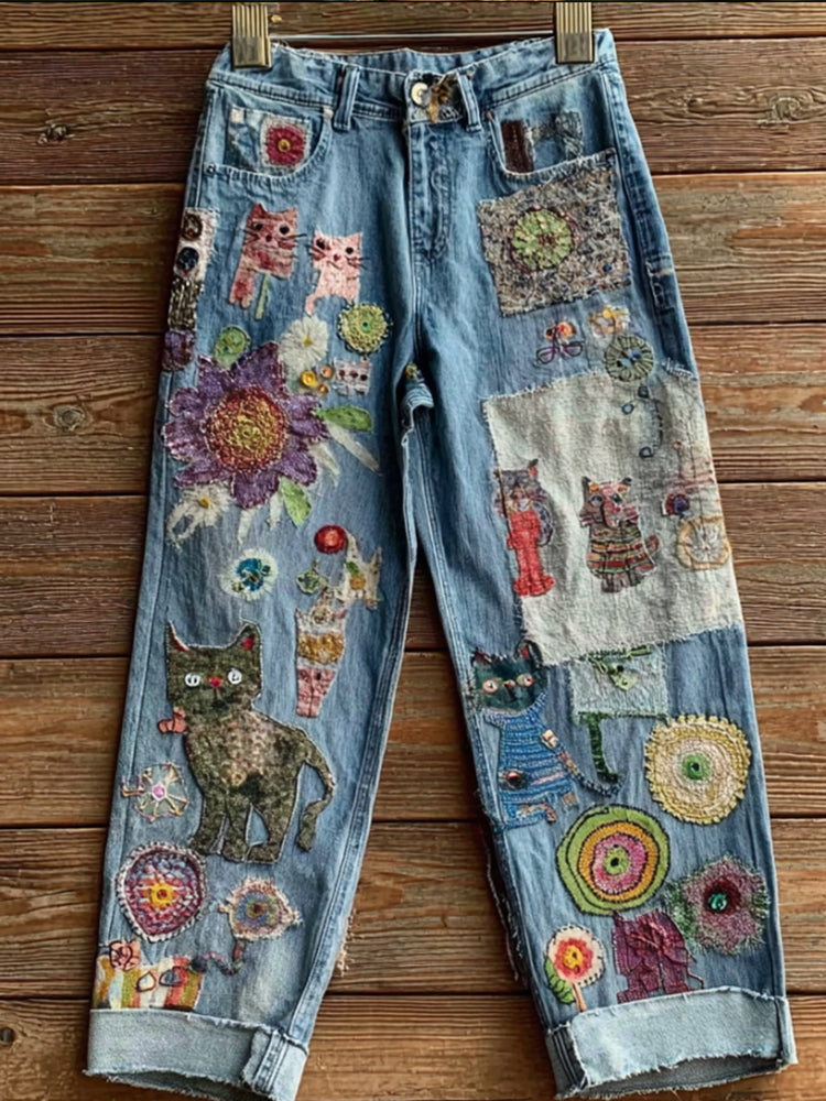Comstylish Women's Bohemian-style Floral Cat-print Jeans