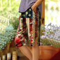 Retro Independent Day In America Flag And Floral Art Graphics Button Slit Design Cozy Linen Shorts artswardrobe