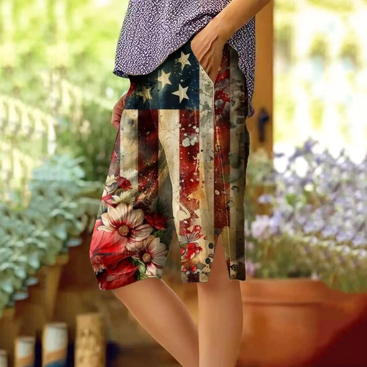 Retro Independent Day In America Flag And Floral Art Graphics Button Slit Design Cozy Linen Shorts artswardrobe