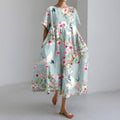 Comstylish Crane Print Round Neck Short Sleeve Casual Midi Dress
