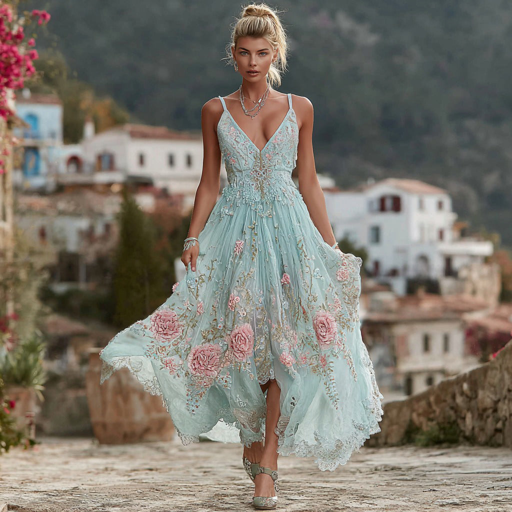 Comstylish Women's Vintage Bohemian Floral Embroidery Casual Sleeveless Dress