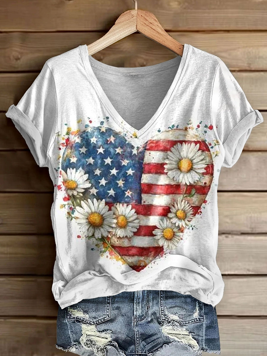 Women's Independence Day Daisy Flag Print Casual V-Neck Cotton T-Shirt
