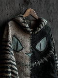 Comstylish Halloween Vintage Cat Face Contrast Stitched Striped Sleeve Hoodie