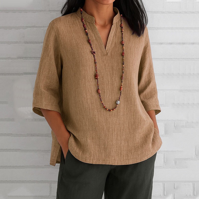 Comstylish Vintage Solid Color V-neck Linen Blend Shirt