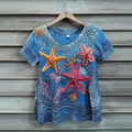 Underwater World Colorful Starfish Embroidered Lace Art Linen Blend Shirt artswardrobe