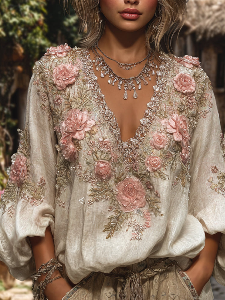 Comstylish Women's Diamond-encrusted Flower V-neck Long-sleeved Shirt