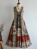 Retro Floral Patchwork V Neck Sleeveless Cozy Linen Dress artswardrobe