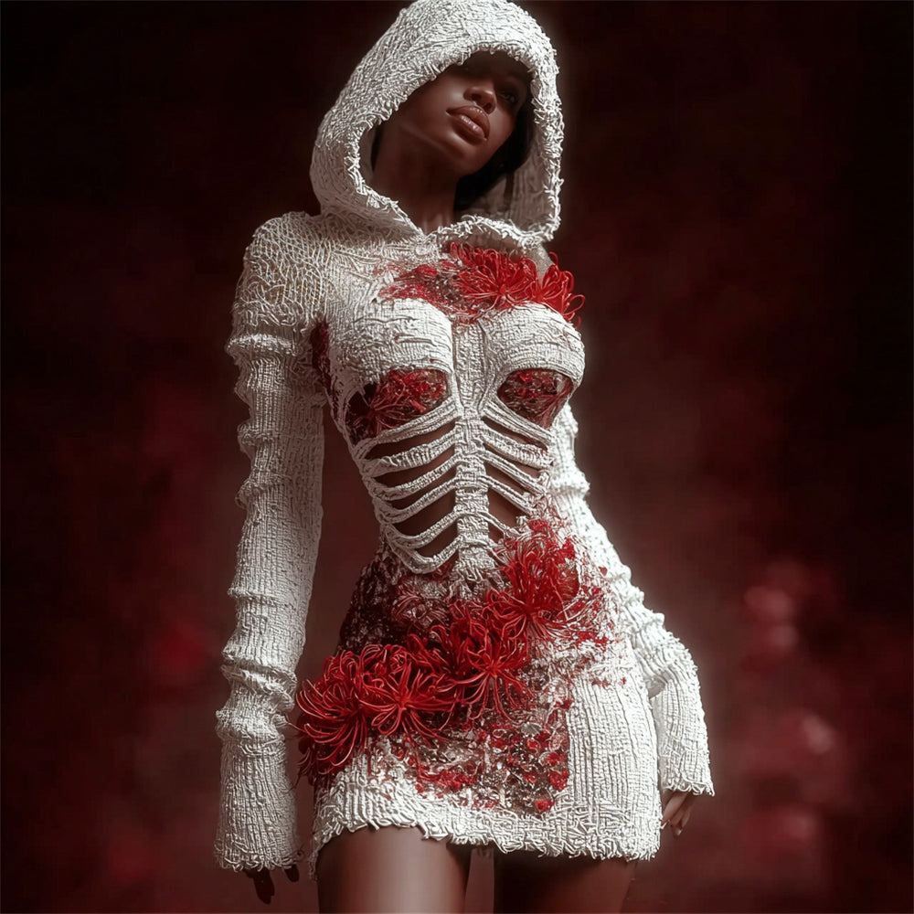 Comstylish Halloween Bandage & Higanbana Flowers Art Women's Knit Hooded Mini Dress