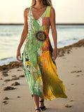 Women's Vintage Bohemian Sunfloral Art Print Pocket Cotton Dress