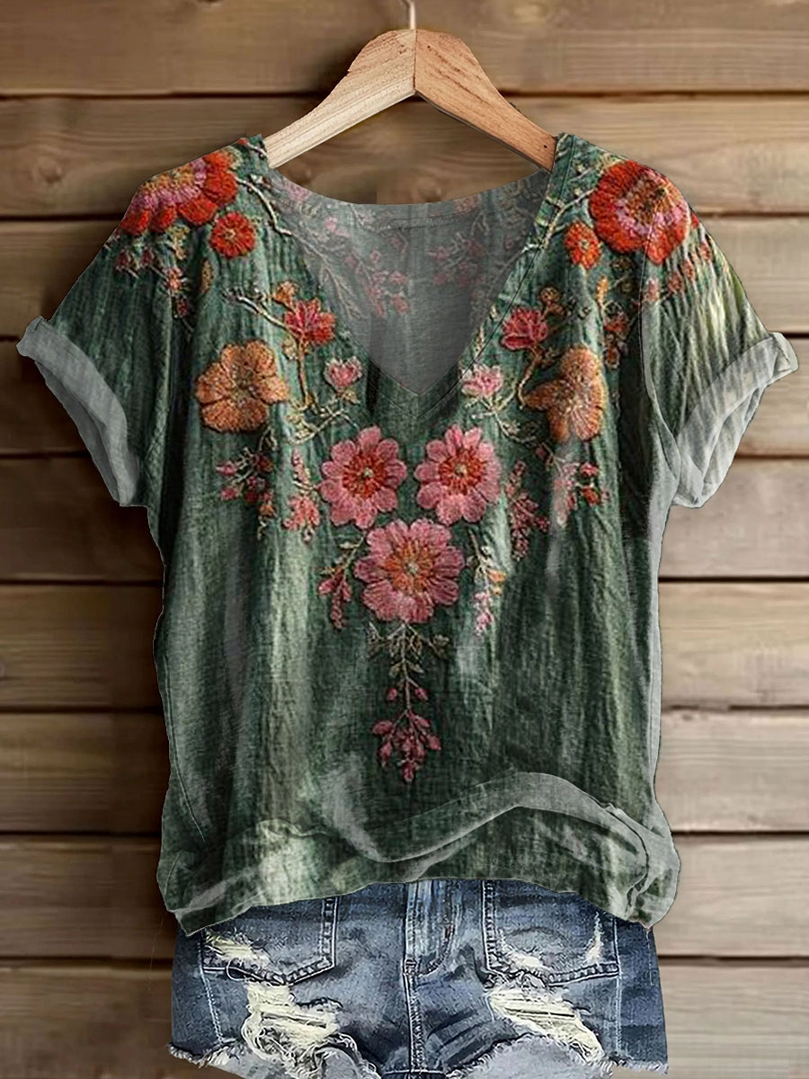 Women's Floral Art Print V-Neck Casual T-Shirt