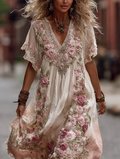Women's Vintage Rose Embroidery Gradient Pink Art Comfy Linen Maxi Dress artswardrobe