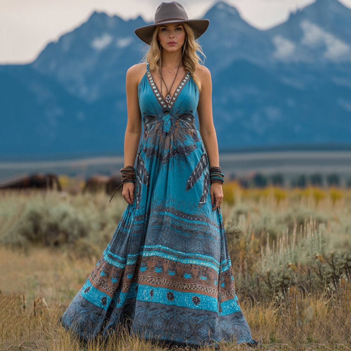 Women's Western Print Suspender Maxi Dress artswardrobe