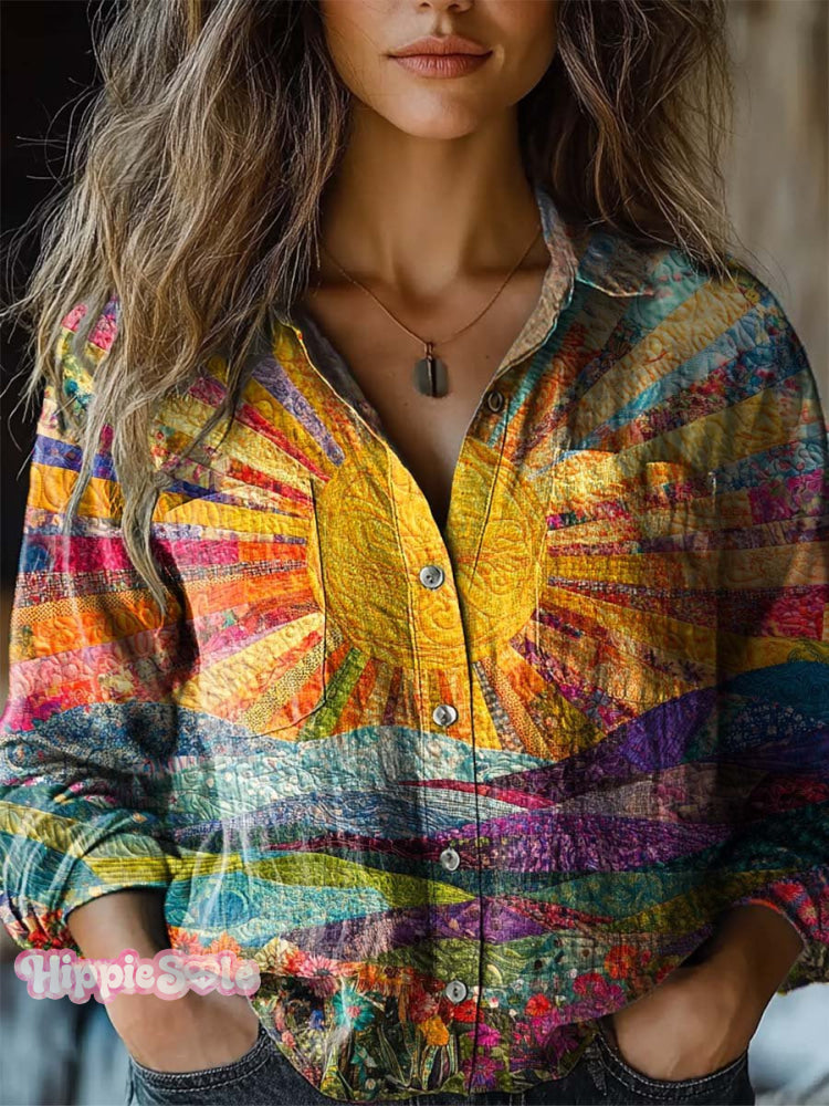 Women's Lovely Sun Floral Patchwork Pattern Art Print Casual Long Slee