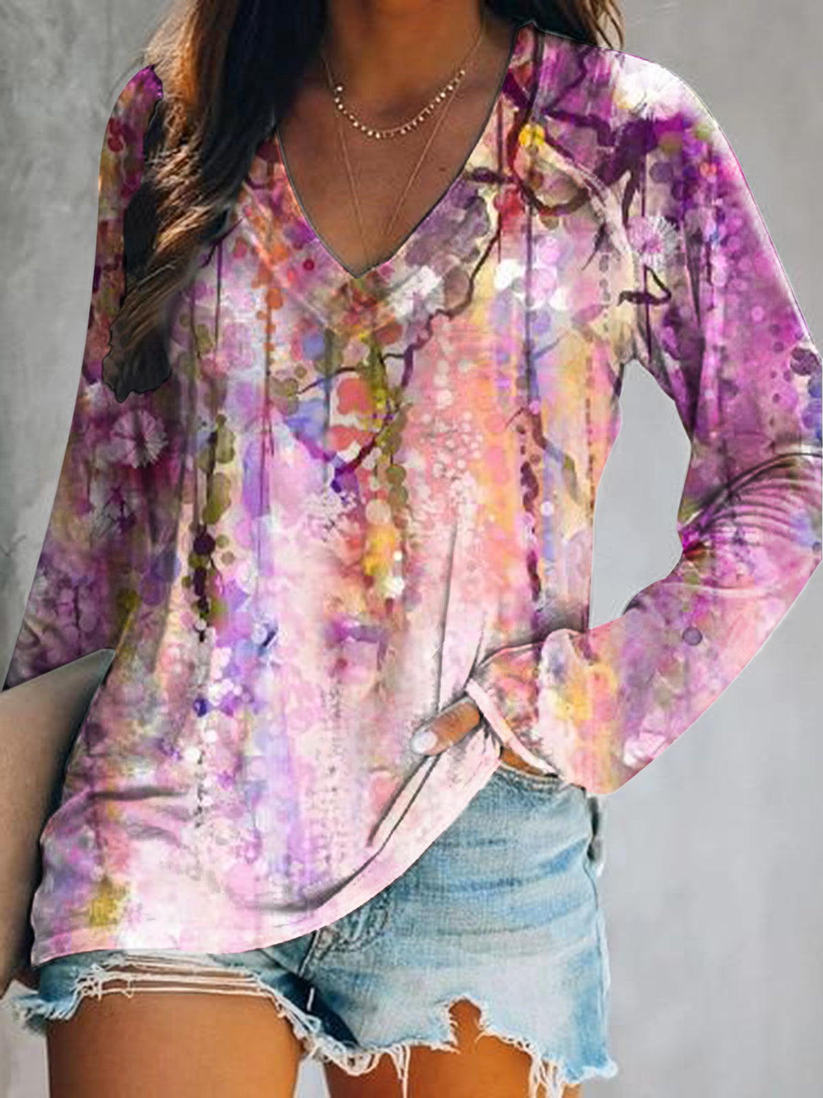 Women's Casual Vintage Floral Art Print V Neck Long Sleeve Tops