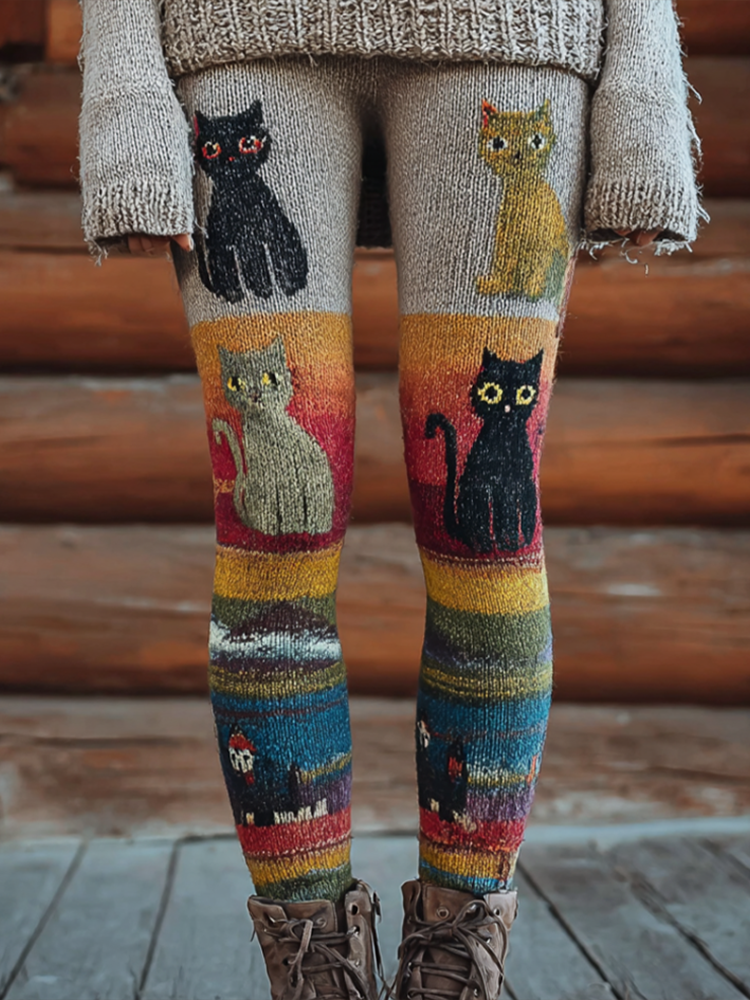 Christmas Fun Cat Knitting Tight-fitting Leggings elevenforest
