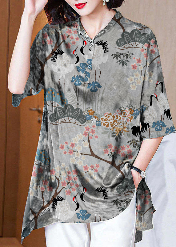 Italian Dark Blue Peter Pan Collar Button Asymmetrical Print Silk Tops Spring