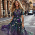 Women's Purple Rose Pattern Gradient Elegant Dress artswardrobe
