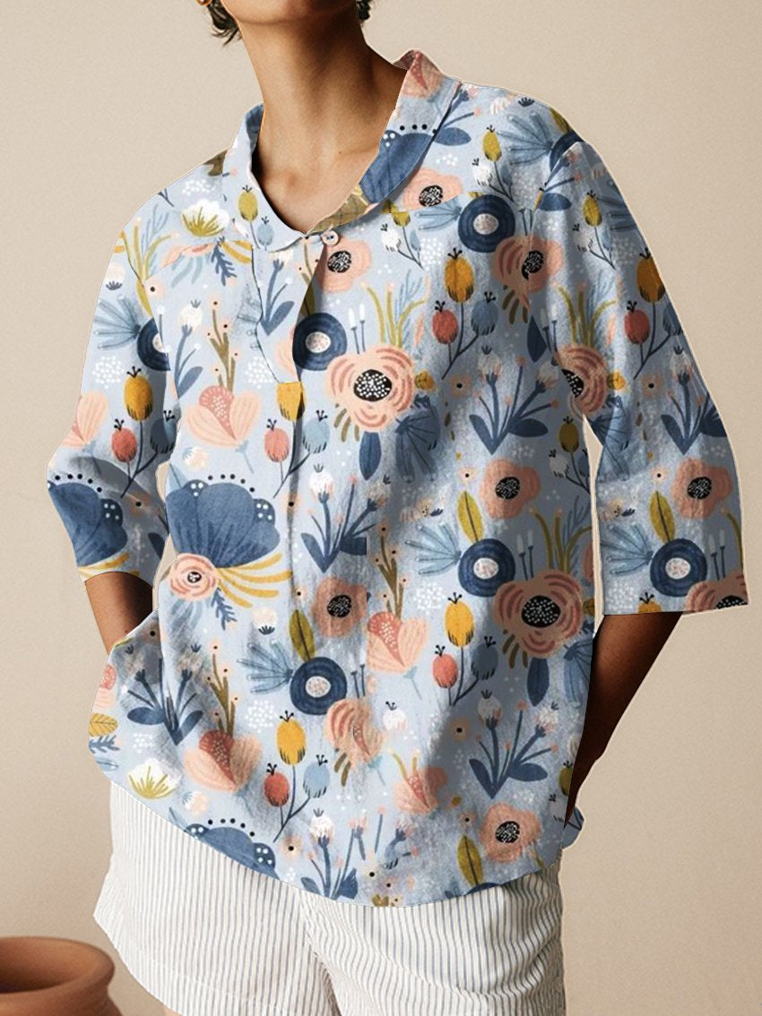 Women's Floral Art  Print Casual Linen Cotton 3/4 Sleeve Shirt
