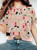 Comstylish Japanese Woodblock Pastel Cat Pattern Washed T Shirt