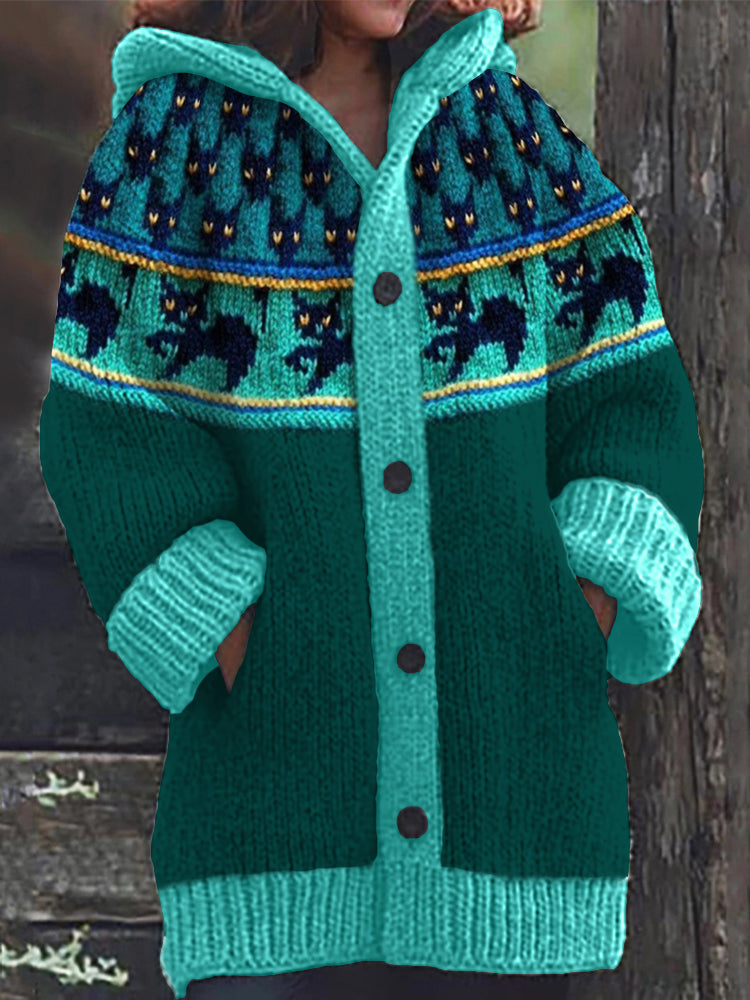 Vintage Black Cats Yoke Contrast Cozy Knit Hooded Cardigan elevenforest